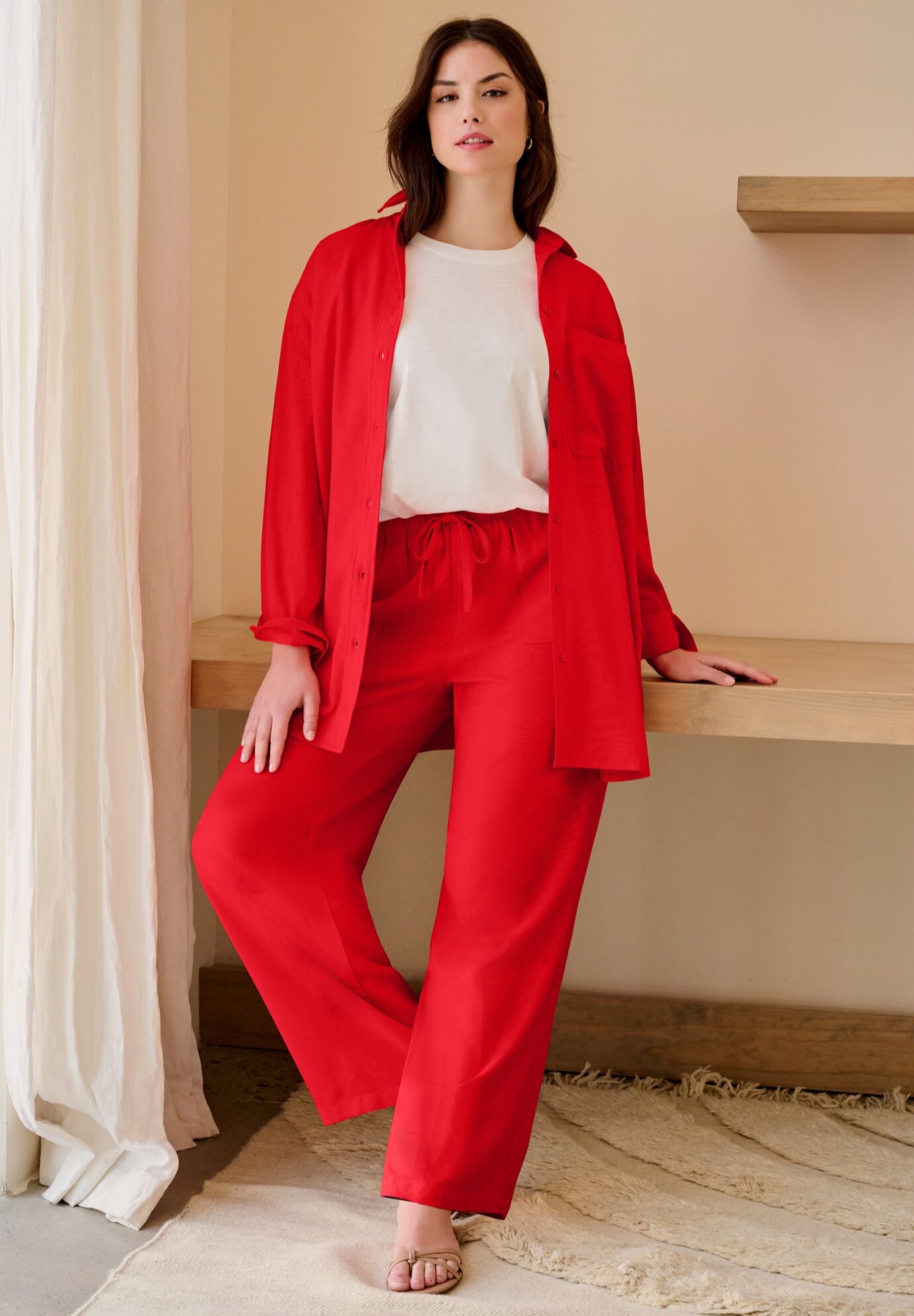 Linen-Blend Elastic Waist Drawstring Relaxed Pant