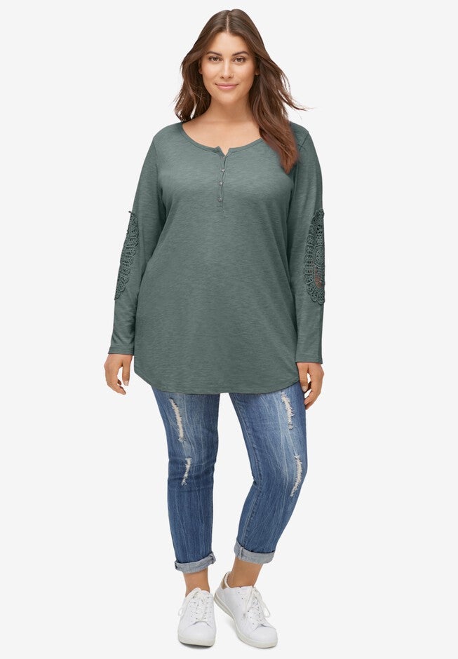 Crochet Trim Henley, , alternate image number 2