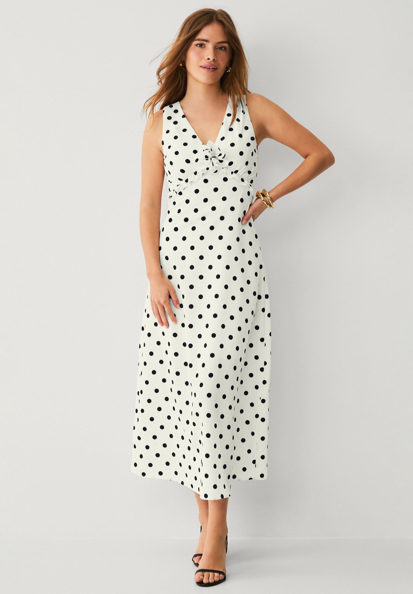 Sleeveless A-line Long Midi Dress With Flower Pin, IVORY BLACK DOT, on-hover image number 1