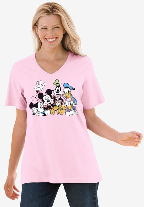 Disney Women's Short Sleeve V-Neck Tee Pink Mickey Mouse and Friends, PINK DISNEY GROUP, hi-res image number null