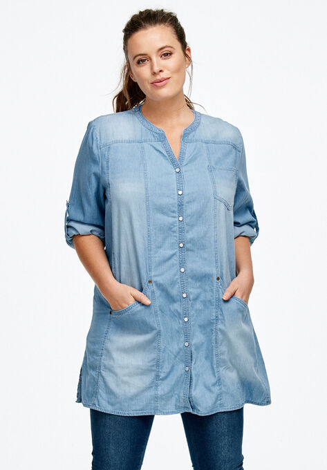 Snap Front Denim Tunic, BLEACH, hi-res image number null
