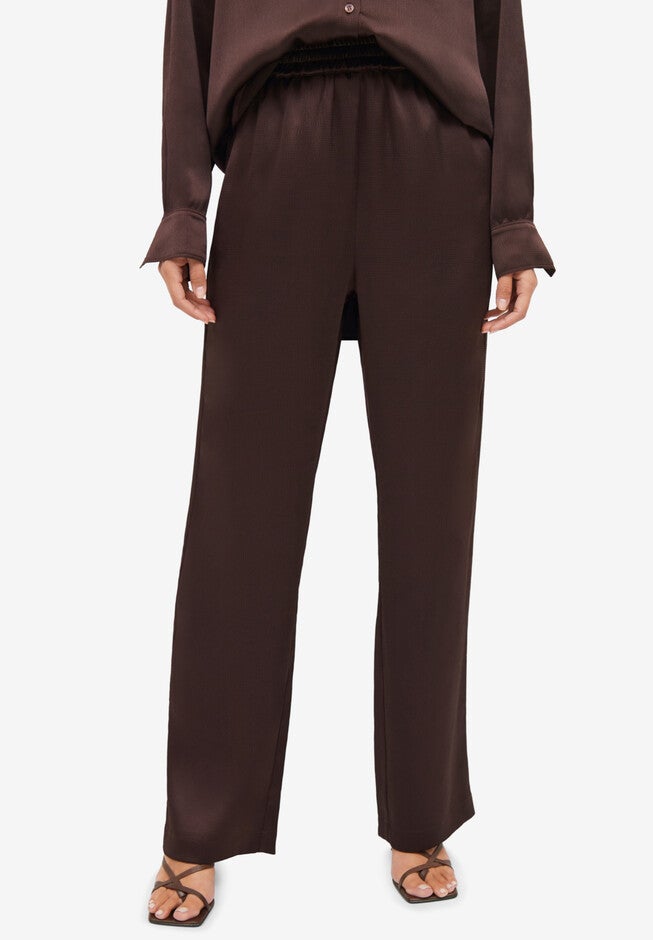 Satin Wide Leg Pull-On Pant, WARM BROWN, hi-res image number 0
