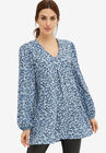 Inverted Pleat Textured Knit Tunic With Blouson Sleeves, BLUE SHADOW DITSY FLORAL, hi-res image number null