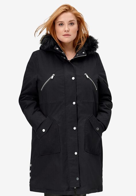 Side-Snap Zip-Front Parka, BLACK, hi-res image number null
