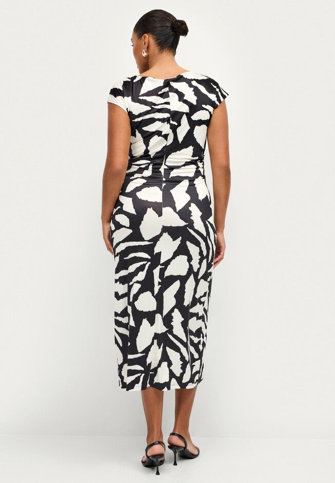 Ruched A-Line Knit Midi Dress, BLACK IVORY GRAPHIC, on-hover image number null