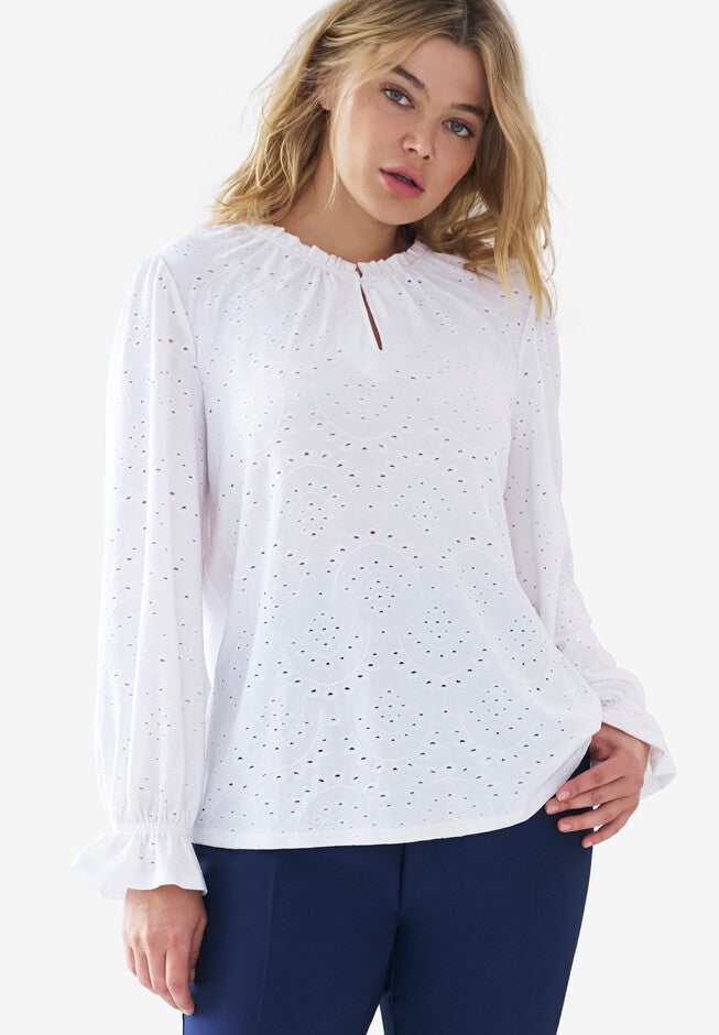 Knit Eyelet Top with Keyhole Neckline, White Ellos