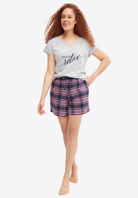 Flannel Sleep Short With Pockets, NAVY PINK PLAID, hi-res image number null