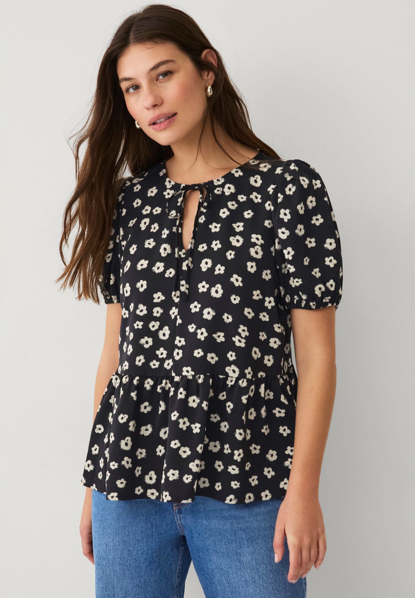 Puff Sleeve Peplum Hem Blouse, BLACK IVORY FLORAL, hi-res image number 0