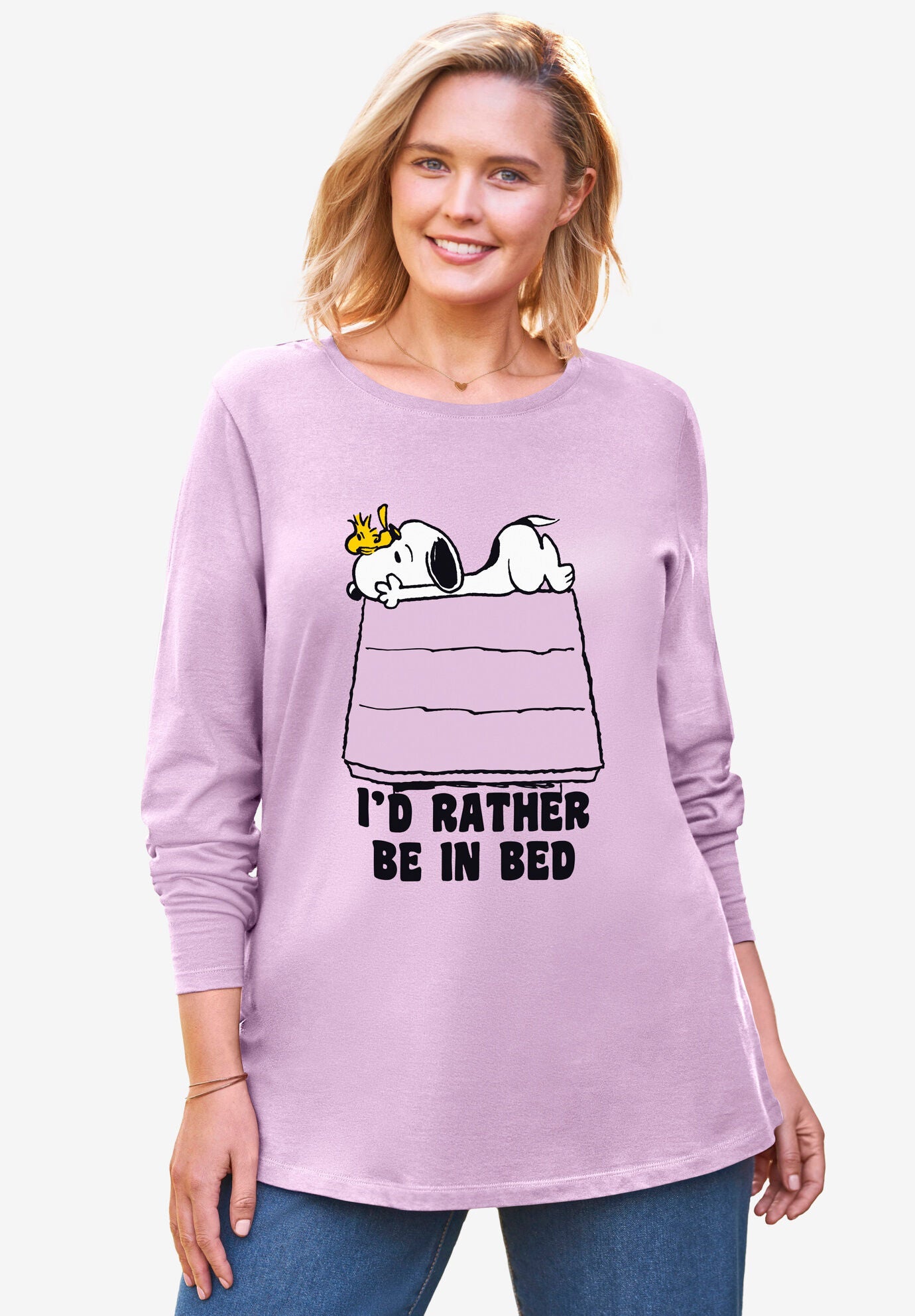 Peanuts Women&#39;s Long Sleeve Crew Tee Snoopy Bed Pink, PINK SNOOPY BED, hi-res image number 0