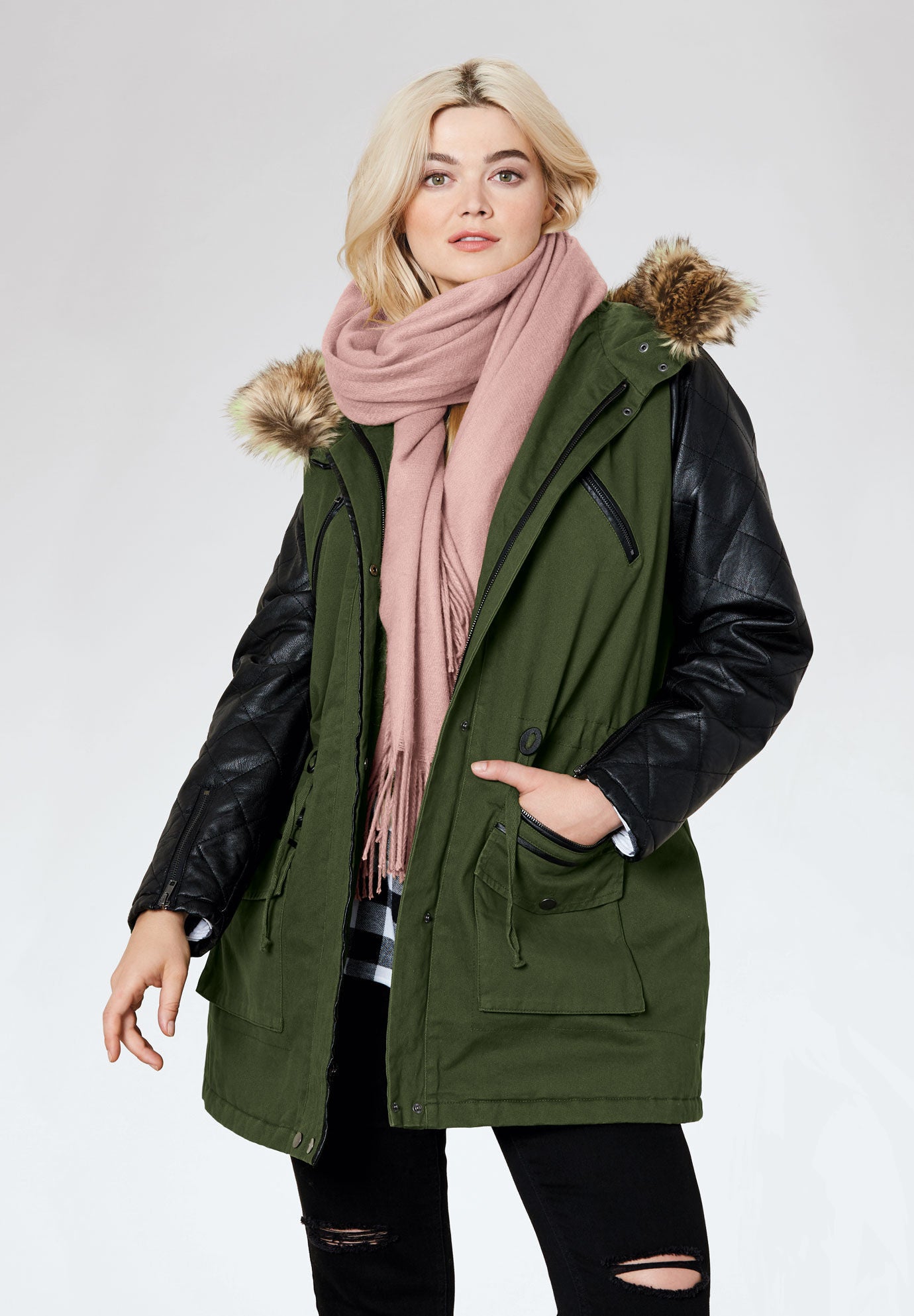 Ellos Womens Plus Size Quilted Faux Leather Sleeve Parka