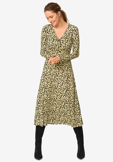 Draped Bodice Knit Midi Dress, BLACK YELLOW DITSY FLORAL, hi-res image number null