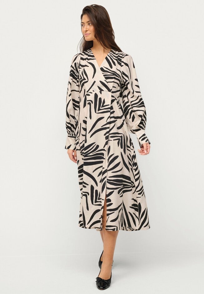 Long Sleeve Surplice Dress with Side Slit, STONE BLACK ABSTRACT, hi-res image number null