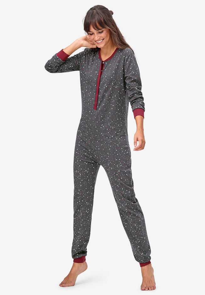 Henley One-piece Pajamas by ellos®, HEATHER CHARCOAL STAR, hi-res image number 0