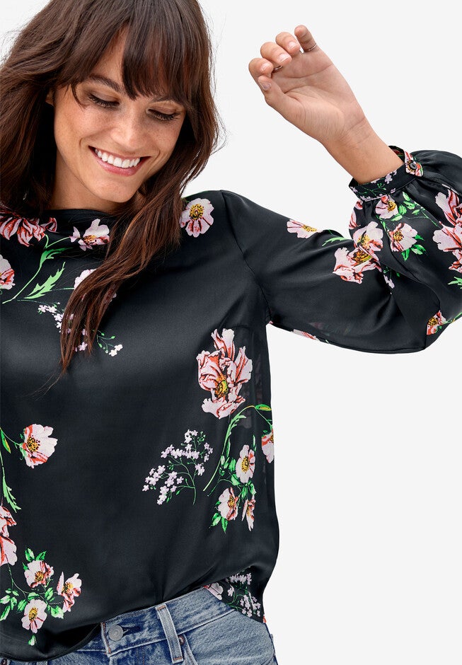 Blouson-Sleeve Satin Blouse, , alternate image number null