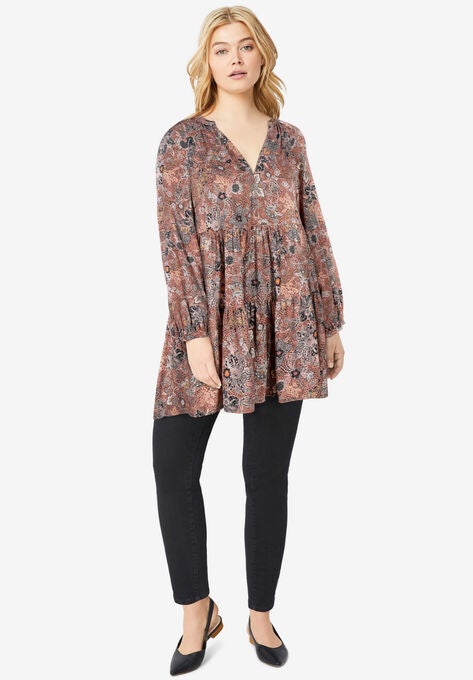 Tiered Tunic With Notch V-Neck, ROSE MULTI PRINT, hi-res image number null