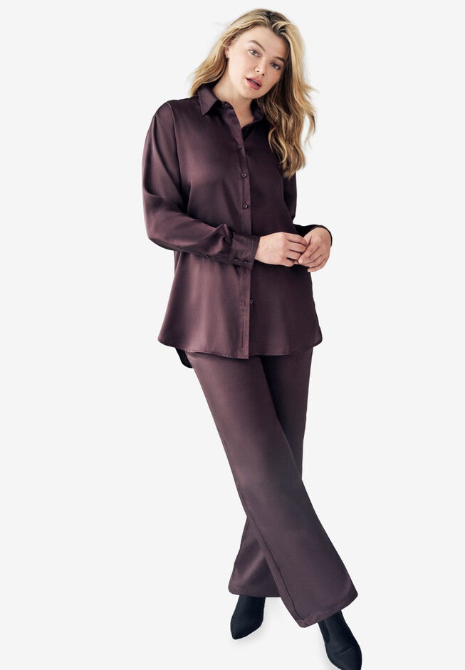 Oversized Satin Button Front Shirt, WARM BROWN, hi-res image number null