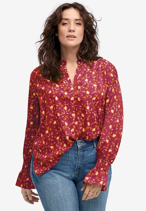 Floral Notch-Neck Blouse, RUBY RED FLORAL, hi-res image number null
