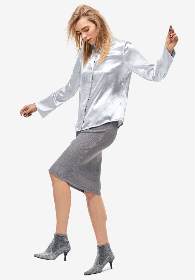 Metallic Satin Button-Down Blouse, , alternate image number null