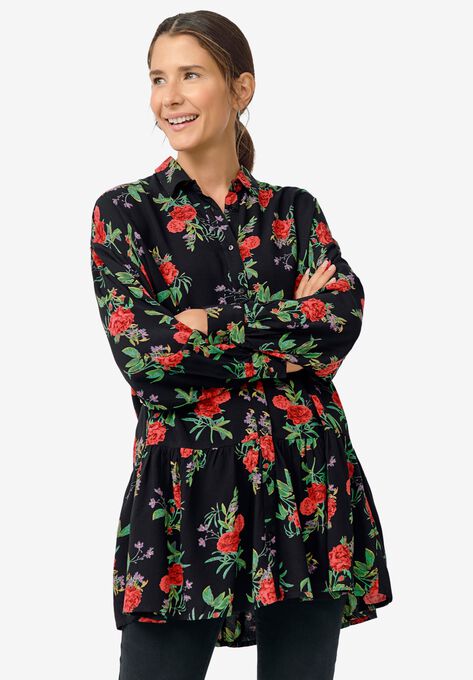 Button Front Peplum Tunic, BLACK RED FLORAL, hi-res image number null
