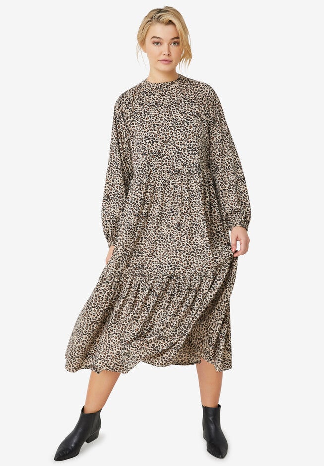 Blouson Sleeve Tiered Dress, ANIMAL PRINT, hi-res image number 0