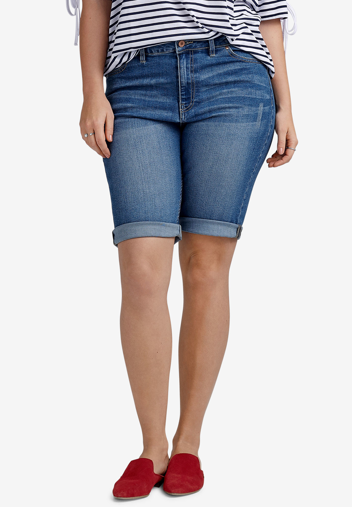 Ladies 14-28 New Stretch Denim Blue Knee Length Shorts Turn Up Womens Plus Size 
