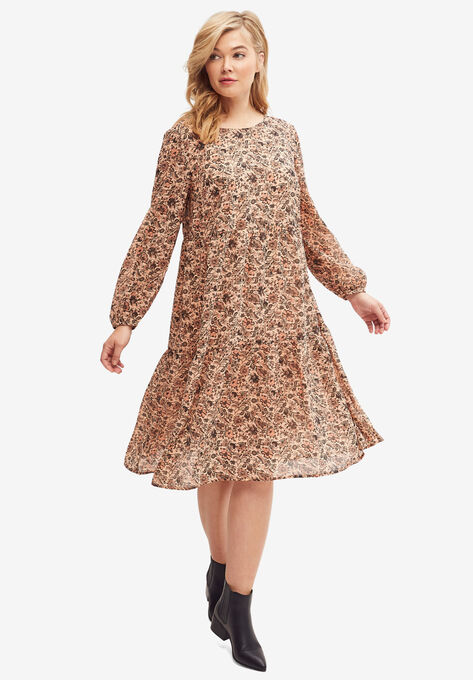 Sheer Overlay Tiered Dress, ANTIQUE BLUSH FLORAL, hi-res image number null
