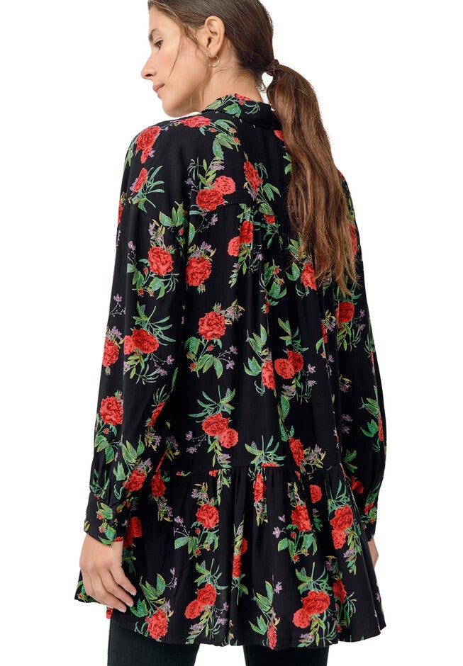 Button Front Peplum Tunic, BLACK RED FLORAL, on-hover image number null