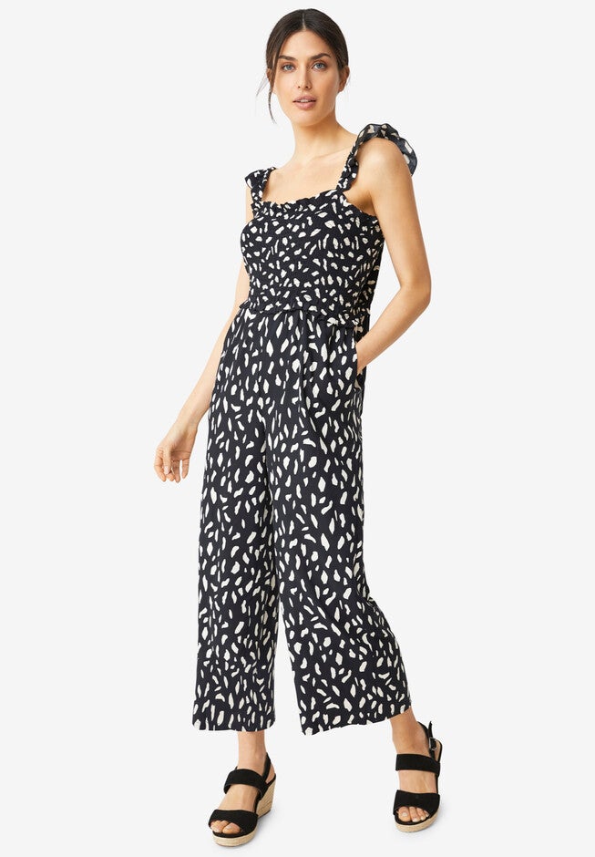 Jumpsuit With Smocked Bodice, BLACK IVORY PRINT, hi-res image number 0