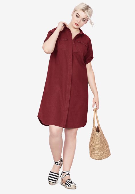 Button Front Linen Shirtdress, FRESH POMEGRANATE, hi-res image number null