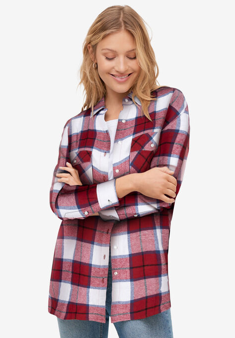 Plaid Button-Front Flannel Tunic, MAROON RED WHITE PLAID, hi-res image number null