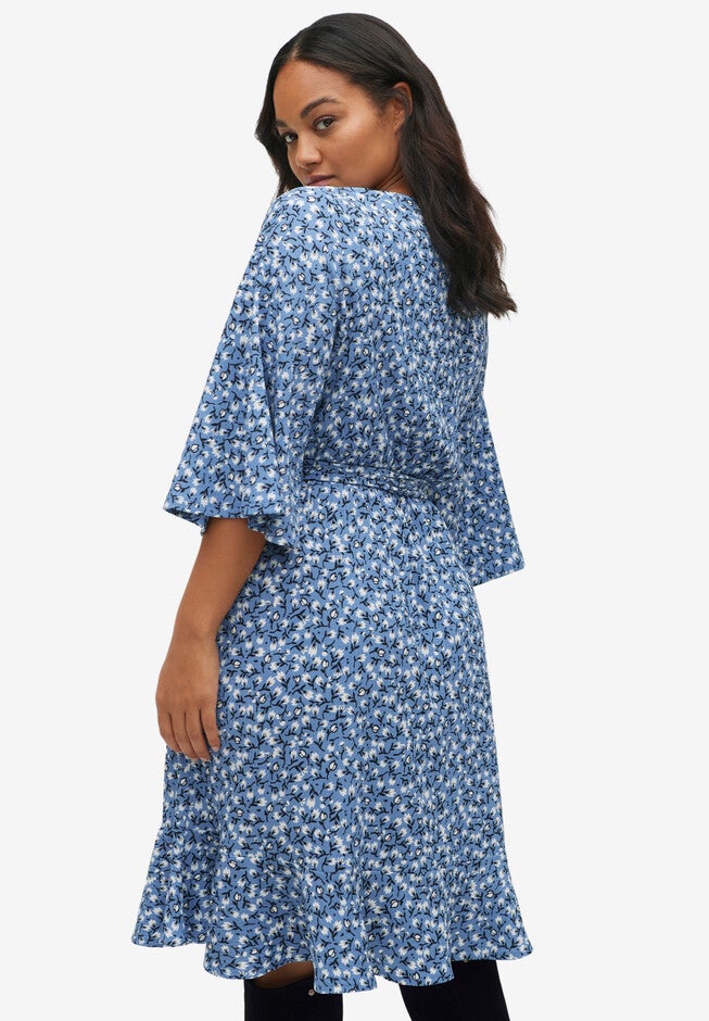 V-Neck Textured Knit Dress With Diagonal Ruffle, , on-hover image number null