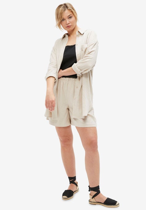 Linen Blend Elastic Waist Shorts, HEATHER SAND, hi-res image number null