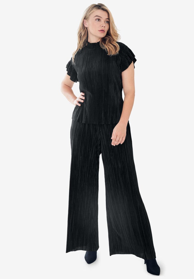 Wide Leg Pull On Plisse Pants, BLACK, hi-res image number 0