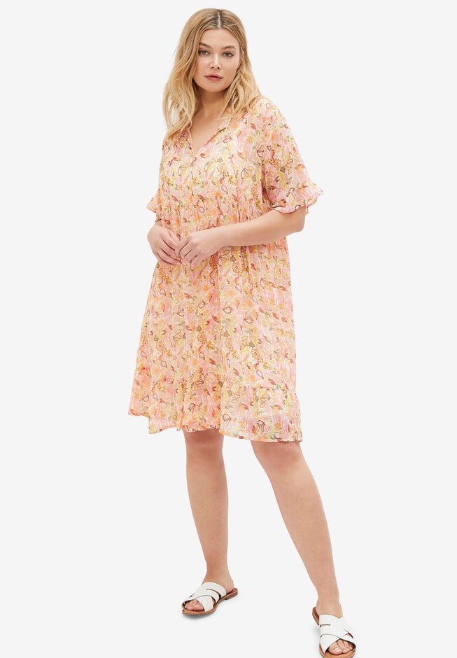 Ruffle Trim Dress with Keyhole Neckline, Light Strawberry Tropical Ellos