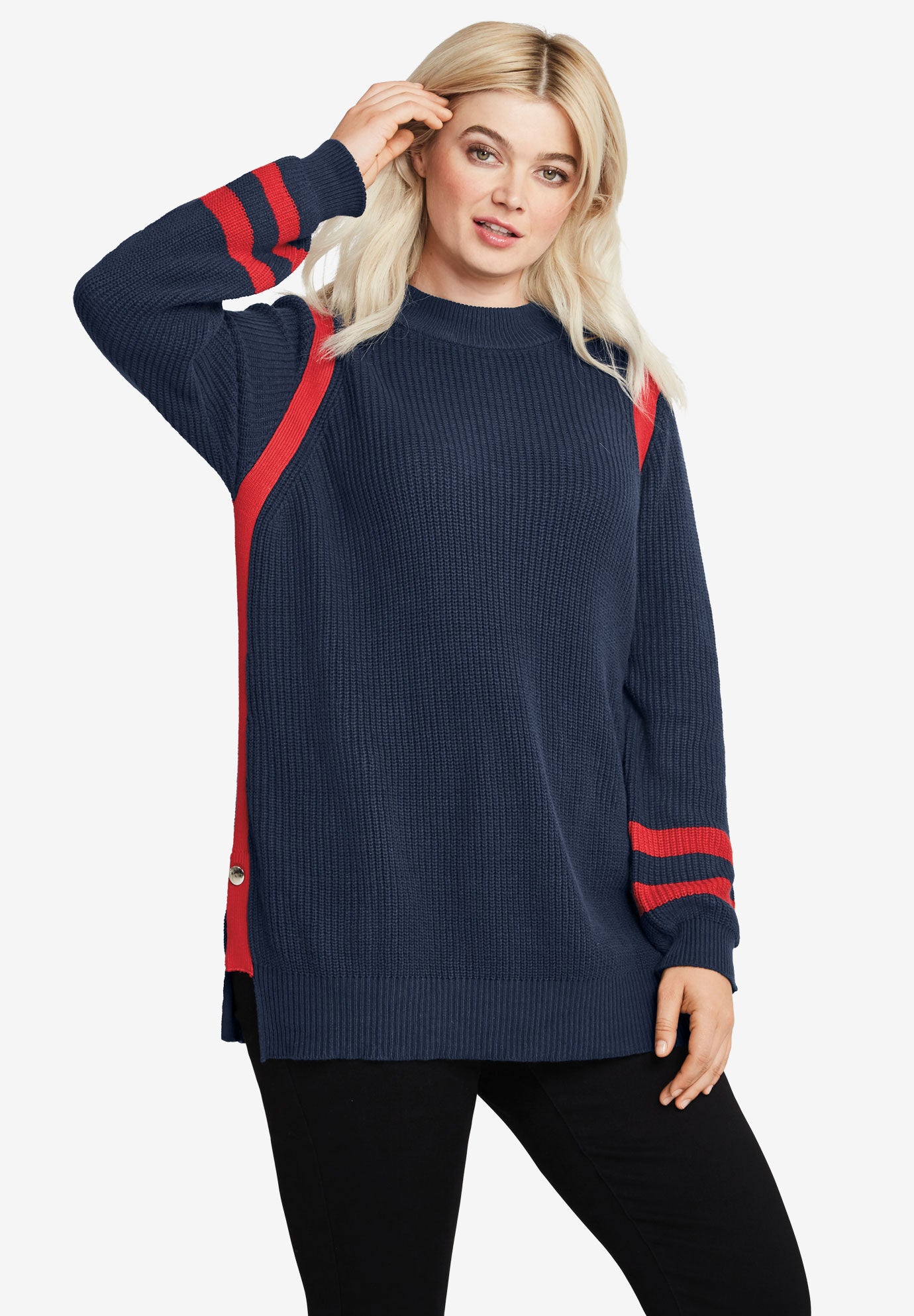 ellos Women s Plus Size Side Stripe Mockneck Sweater 18 20 Navy