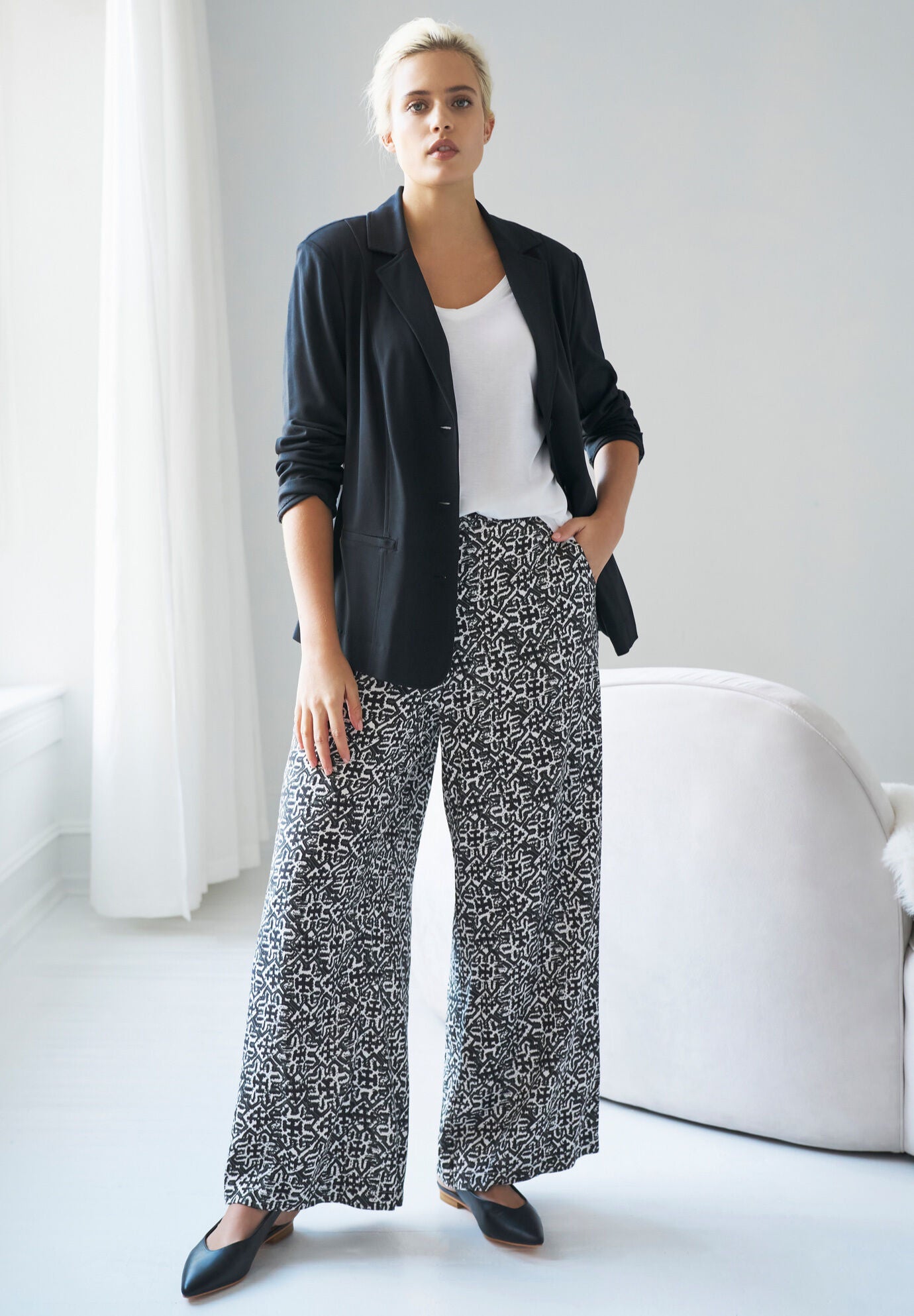 Ponte Blazer & Wide Leg Pant Work Outfit, , hi-res image number 0