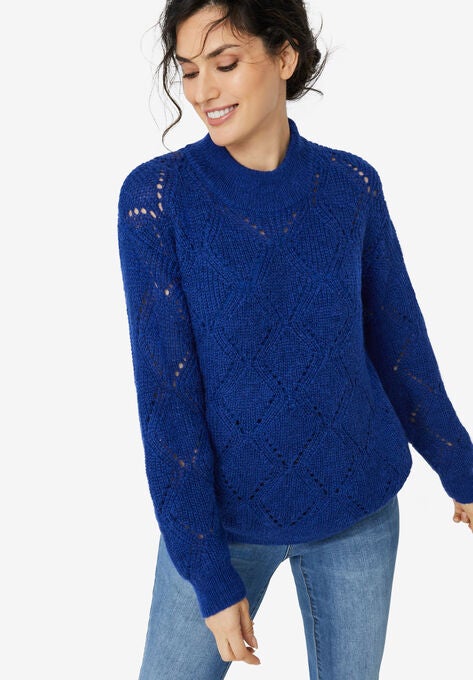 Pointelle Mockneck Pullover, ROYAL COBALT, hi-res image number null