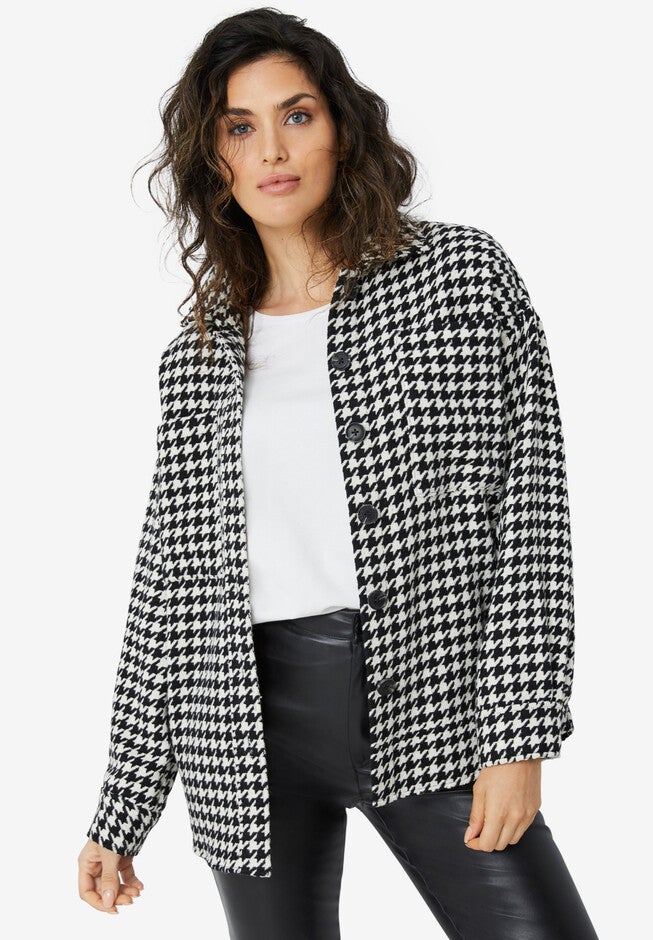 Houndstooth Shirt Jacket, BLACK WHITE HOUNDSTOOTH, hi-res image number null