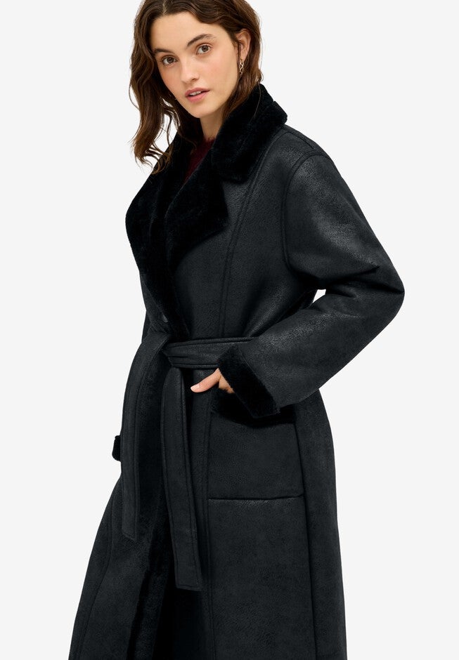 Long Faux Shearling Coat With Belt, , alternate image number 2