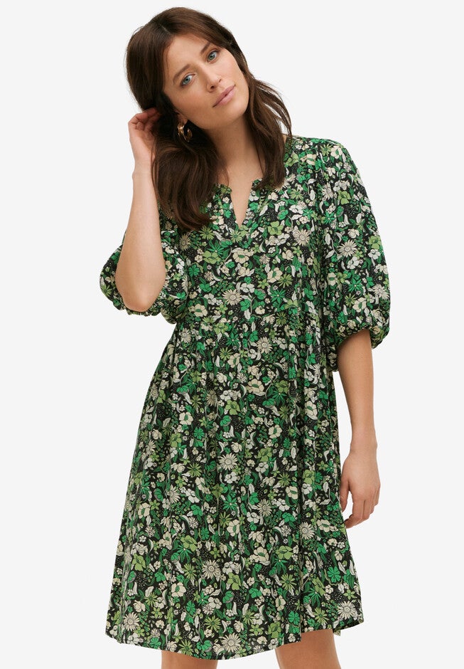 Notch Neck Empire Dress, BLACK GREEN FLORAL, hi-res image number 0
