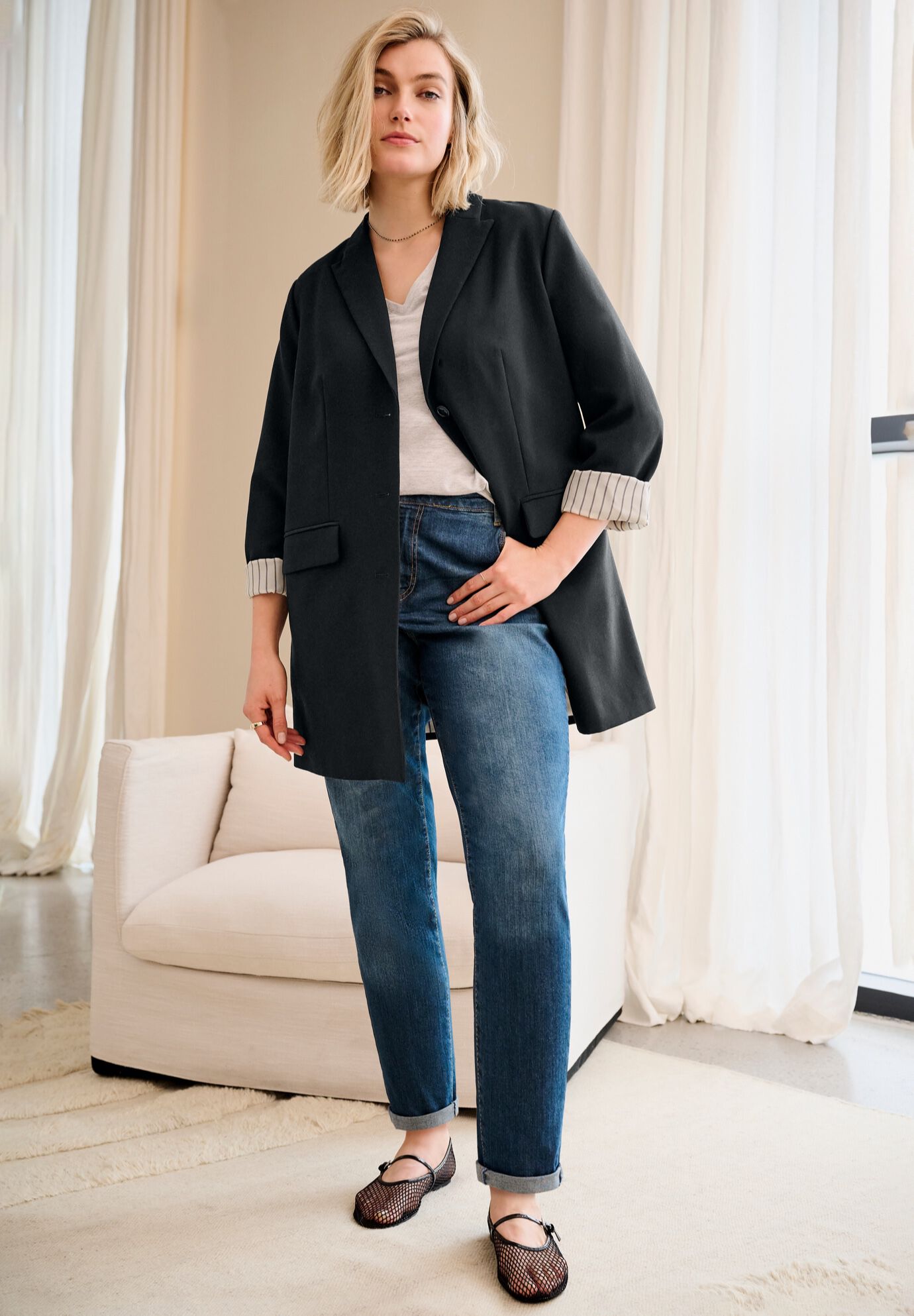 Stretch Button Front Oversized Long Blazer, , alternate image number 2