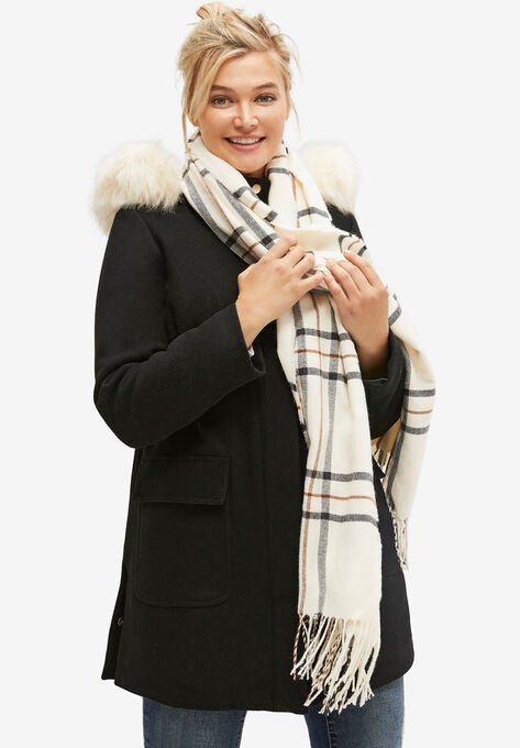 Fringe Trim Scarf, IVORY PLAID, hi-res image number null