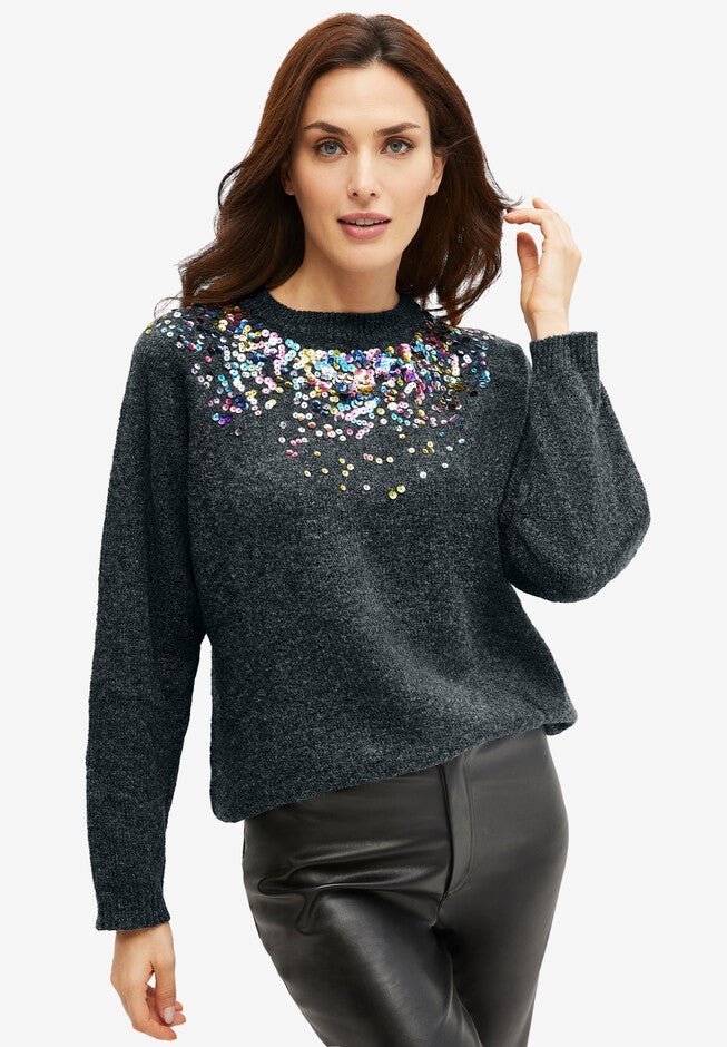 Sequin Yoke Pullover, HEATHER CHARCOAL, hi-res image number 0