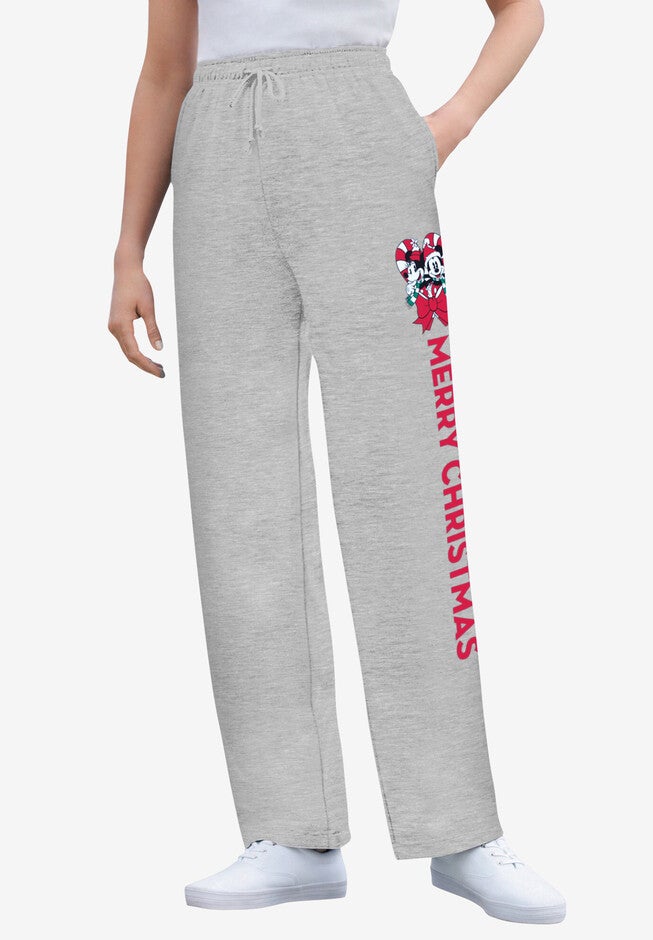 Disney Women's Fleece Navy Sweatpants Xmas Heather Grey Mickey Minnie, HEATHER GREY MICKEY MINNIE, hi-res image number 0