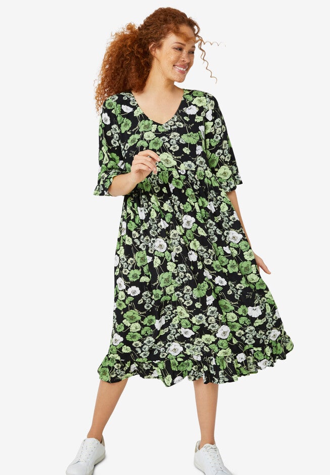 Empire V-Neck Ruffled Dress, BLACK GREEN FLORAL, hi-res image number null