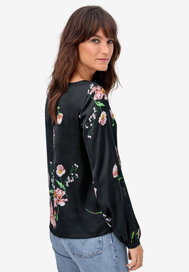 Blouson-Sleeve Satin Blouse, , on-hover image number null
