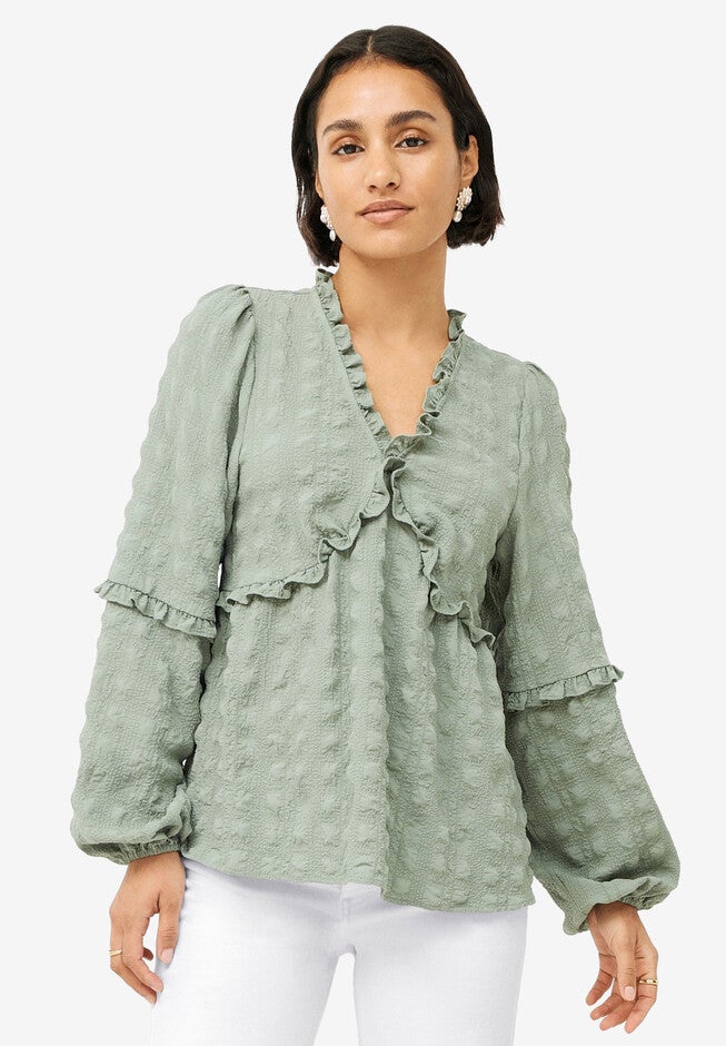 Ruffle VNeck Babydoll Blouse for Women, Desert Sage Ellos