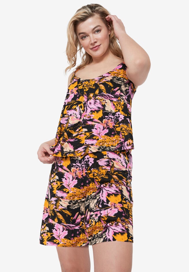 Tank Overlay Knit Romper, BLACK PINK PRINT, hi-res image number null