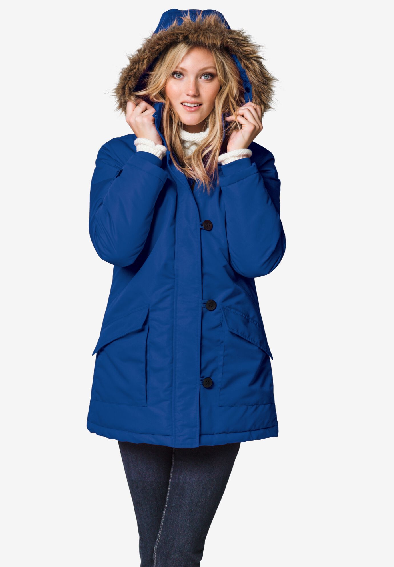 Womens Blue Faux Fur Detail Cotton Twill Trim Hooded Parka Raincoats Jackets 
