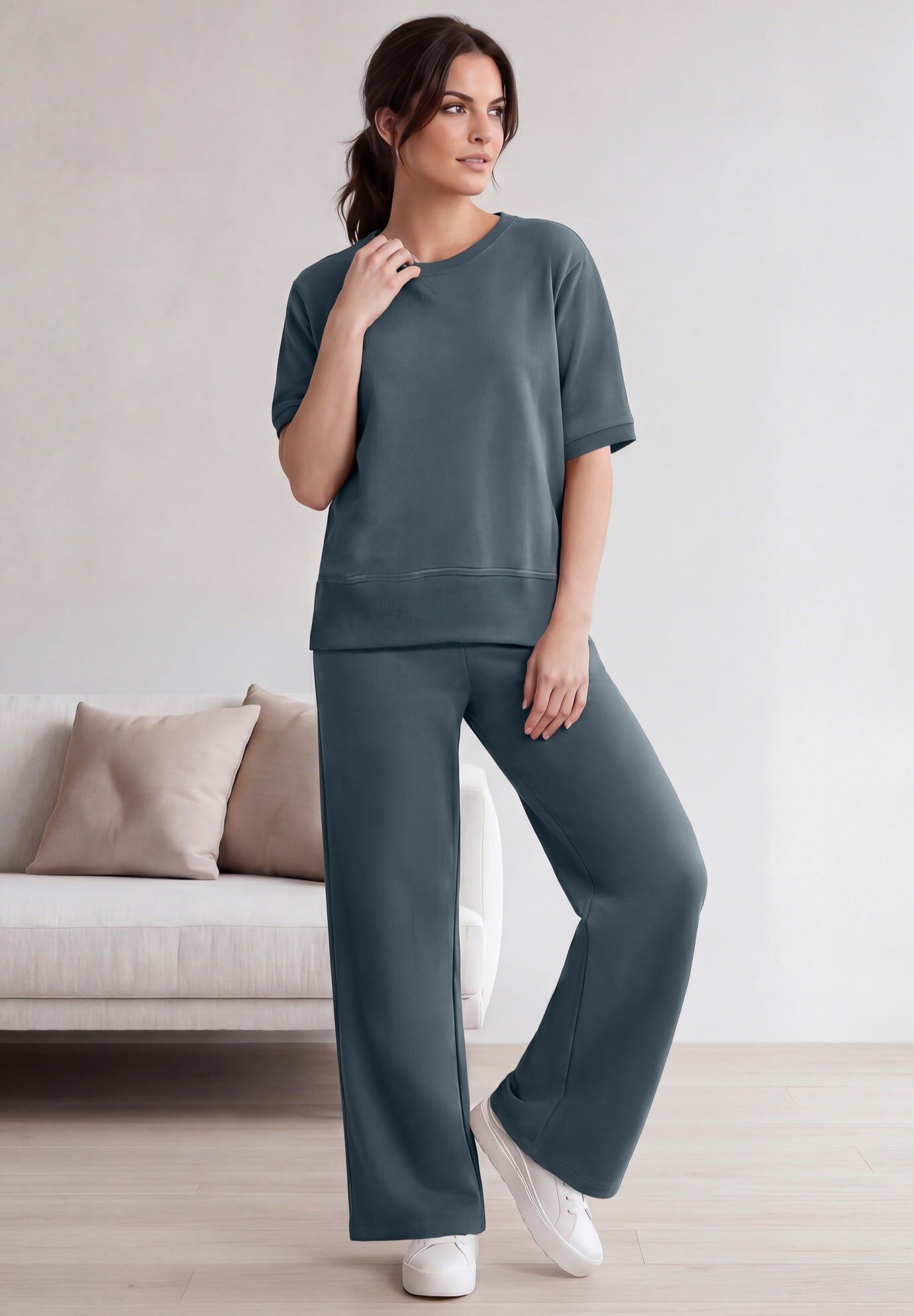 Ellos Studio French Terry Wide Leg Drawstring Elastic Waistband Sweatpants